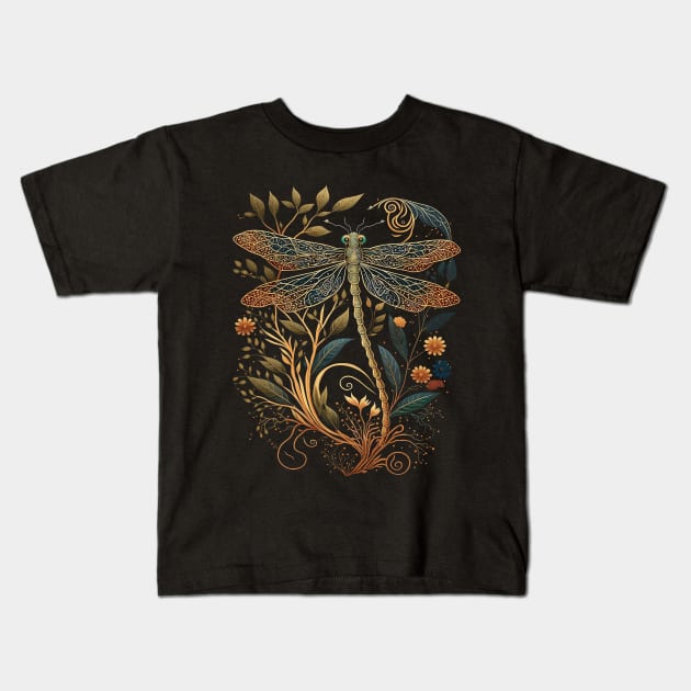 Cottagecore Floral Aesthetic Dragonfly Kids T-Shirt by Apocatnipse Meow